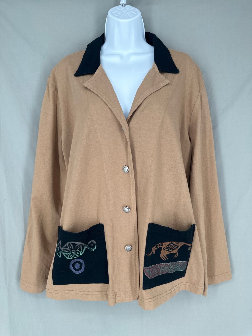 90s Vintage Jacket Womens Large Tan Blazer Artsy Western Button Boho Retro USA